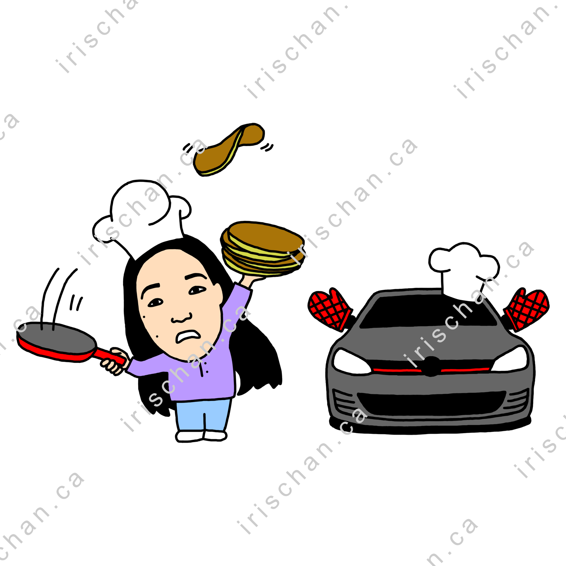 Drawing of girl making breakfast with car