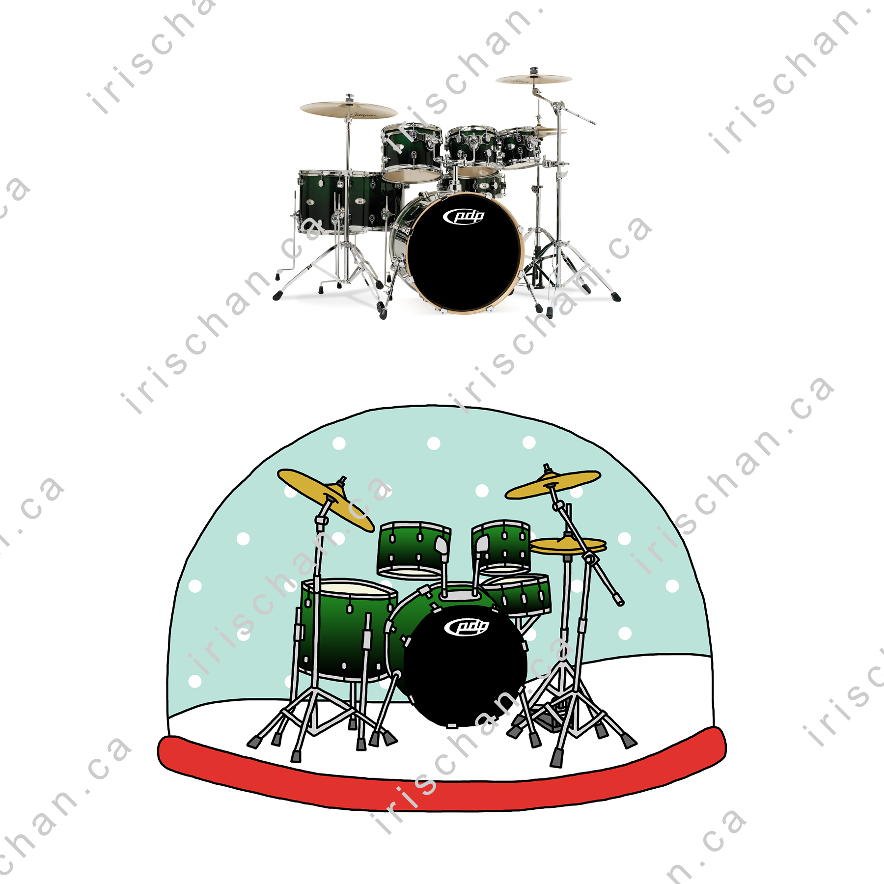 Drawing of drumset in snowglobe